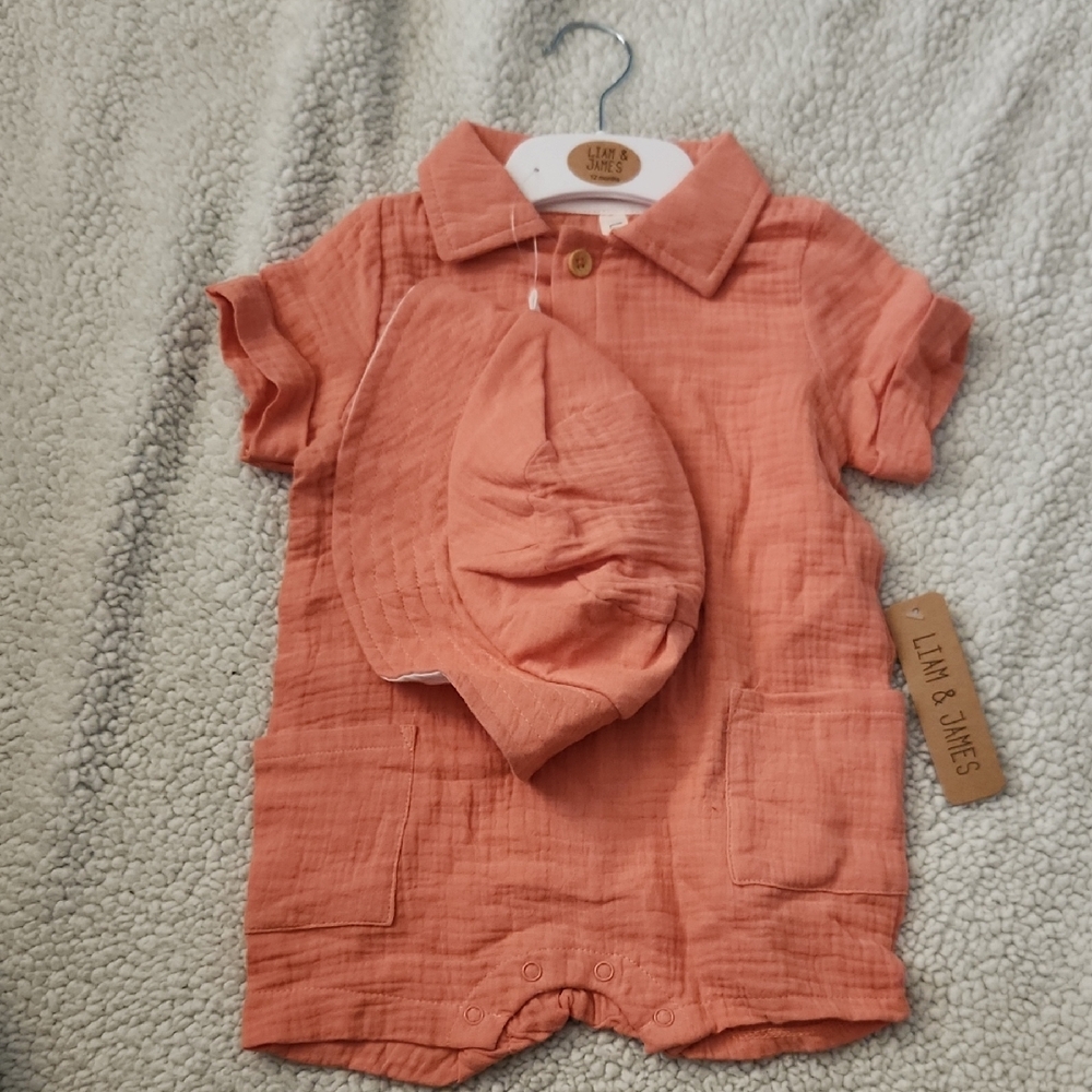 Liam & James Orange Baby Moslin Romper and Hat Set